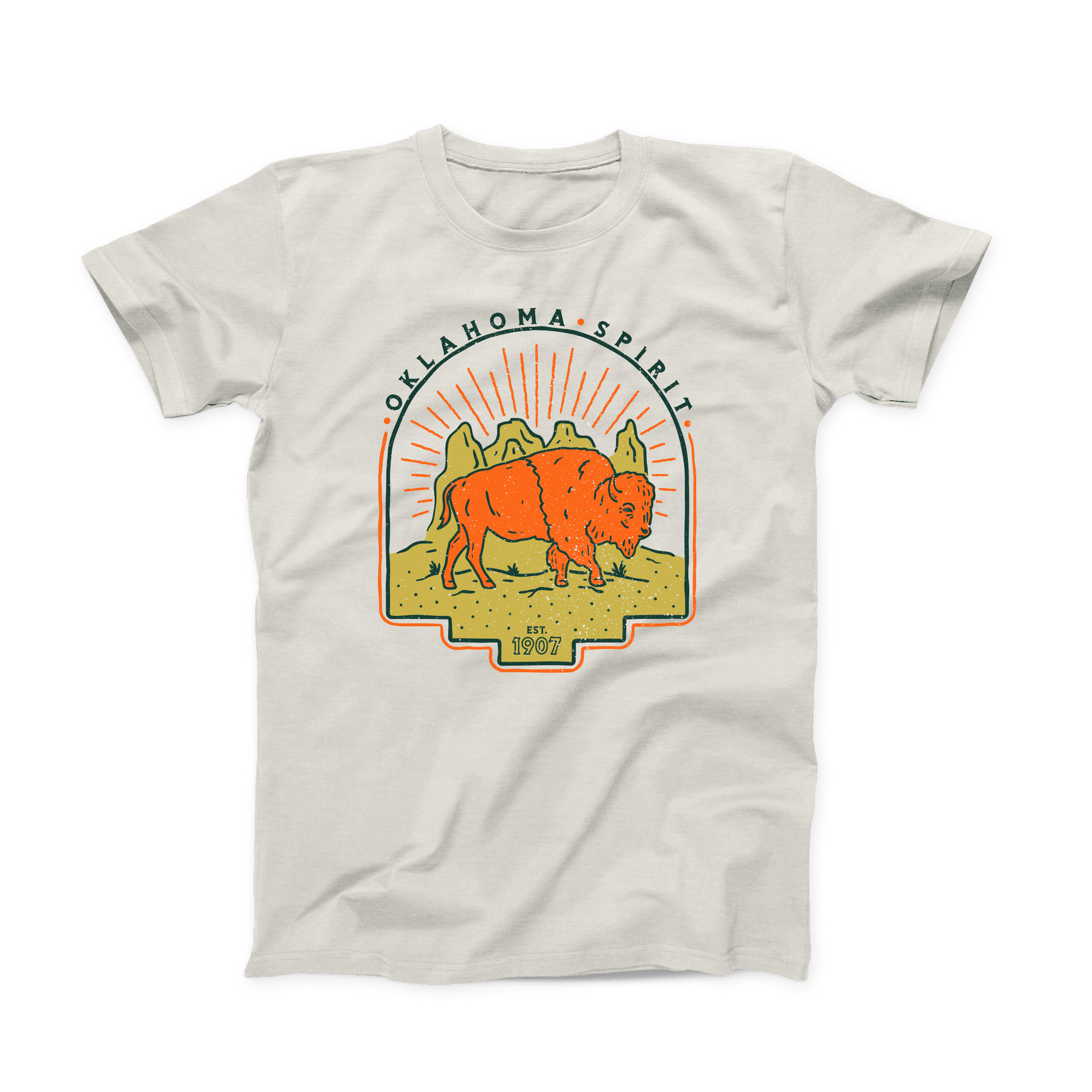 Front of heather prism natural t-shirt with orange bison and sunrise design. May 2021 Oklahoma Shirt of the Month.