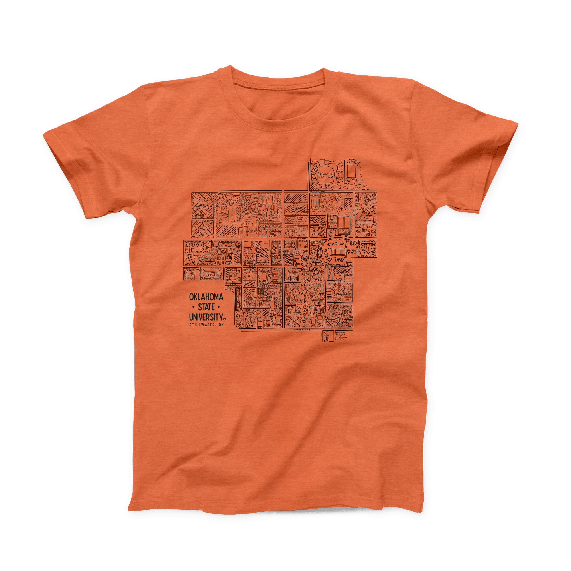 Front of orange t-shirt with hand-drawn OSU Stillwater campus map design. May 2021 Oklahoma State Shirt of the Month.