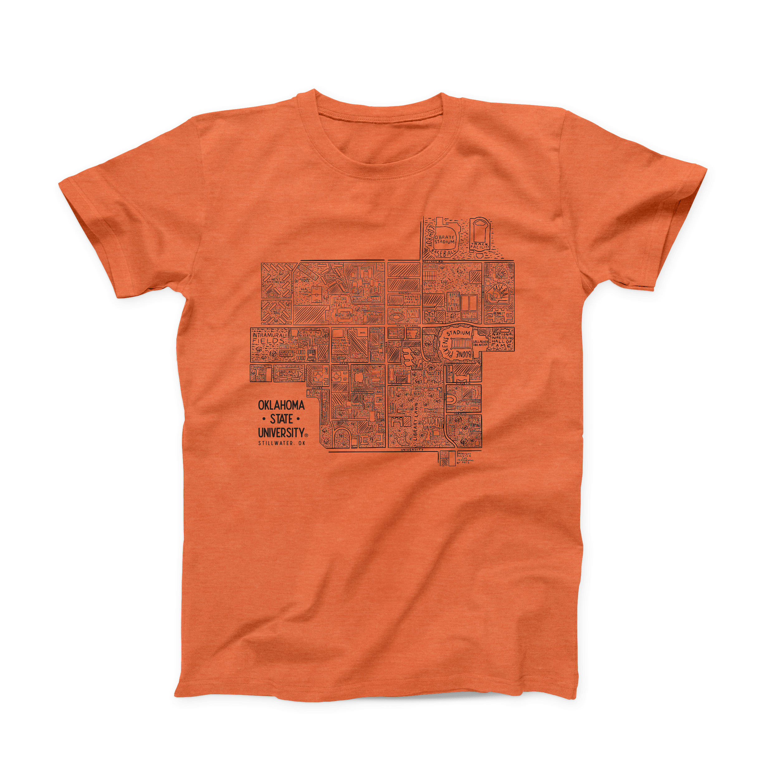 Front of orange t-shirt with hand-drawn OSU Stillwater campus map design. May 2021 Oklahoma State Shirt of the Month.