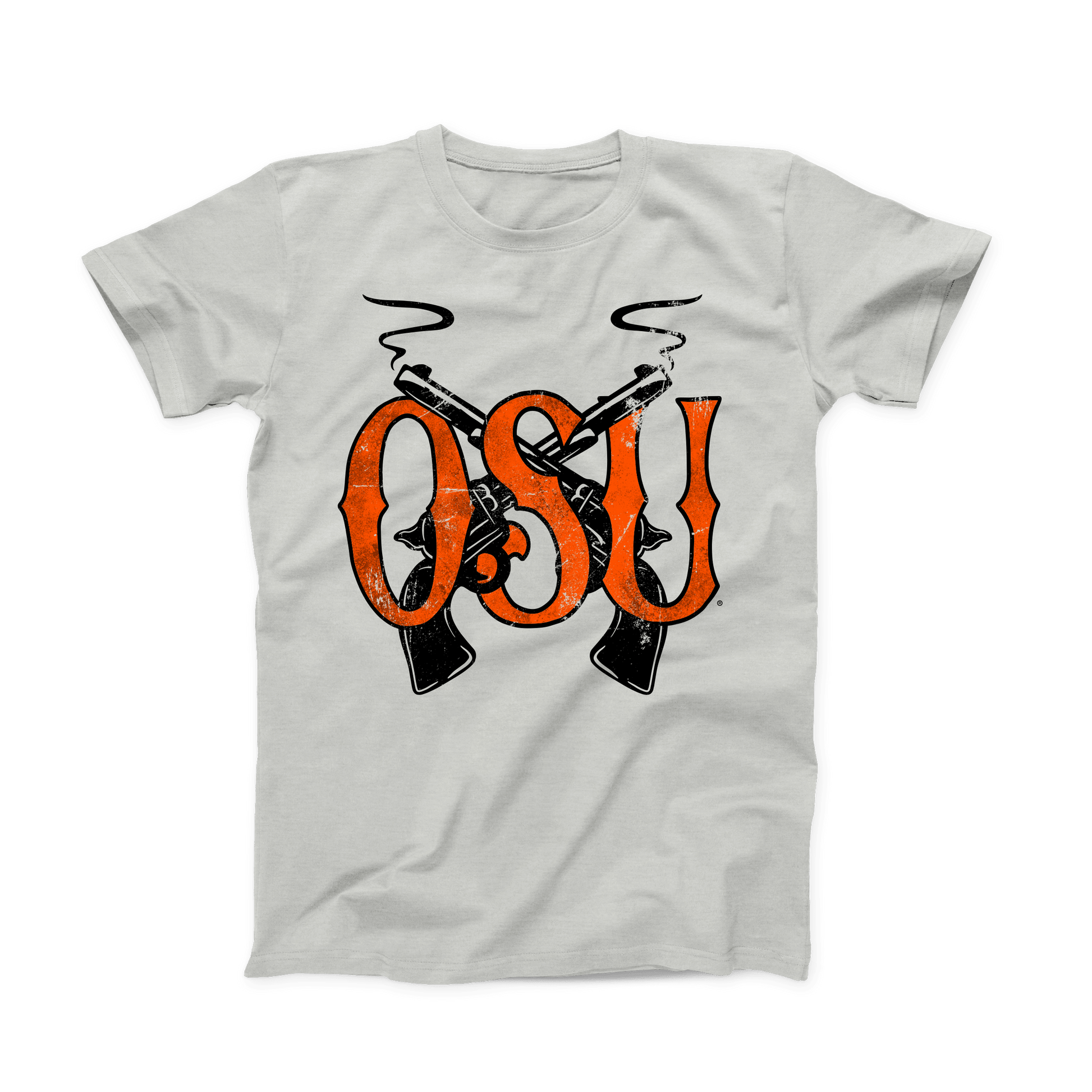 Ash grey OSU t-shirt. The Design is of large, orange font  "OSU" in the front, and black, smoking pistols crossing in an "X" in the background. Whole design is done in a distressed, vintage style.