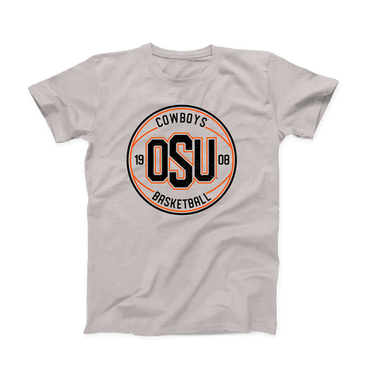 Heather Cool Grey OSU Basketball T-shirt. Orange and black design of a Basketball across the front of the shirt. "COWBOYS 19(OSU)08 BASKETBALL" situated within the basketball design, with "OSU" being the biggest, boldest part of the design at the center, and the rest of the words smaller around it.
