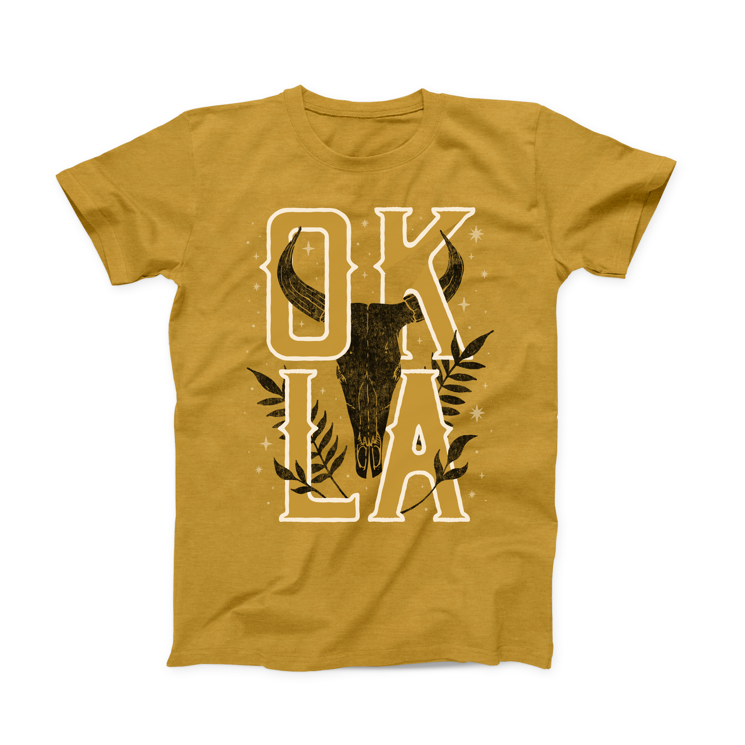 Front of heather mustard t-shirt with longhorn skull and bold OKLA lettering. August 2021 Oklahoma Shirt of the Month.