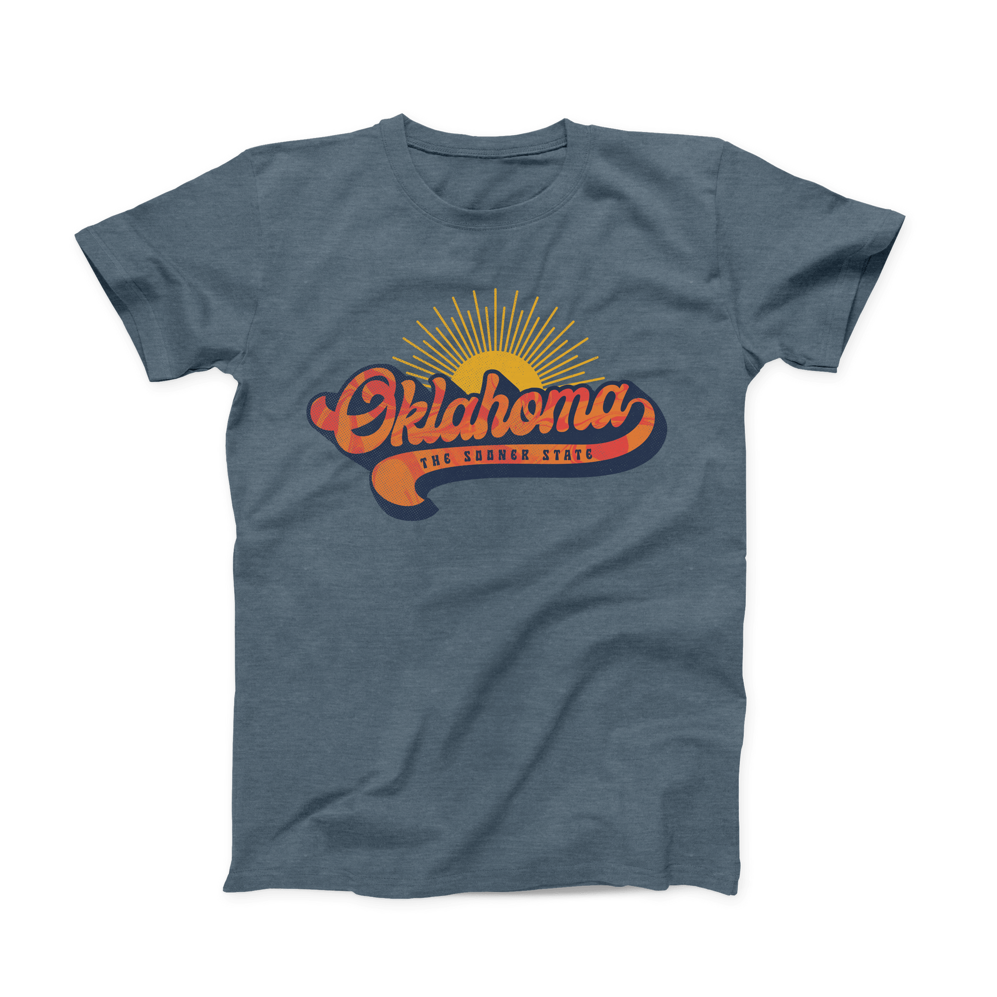 Front of heather slate t-shirt with retro orange and yellow Oklahoma sunrise design. June 2021 Oklahoma Shirt of the Month.