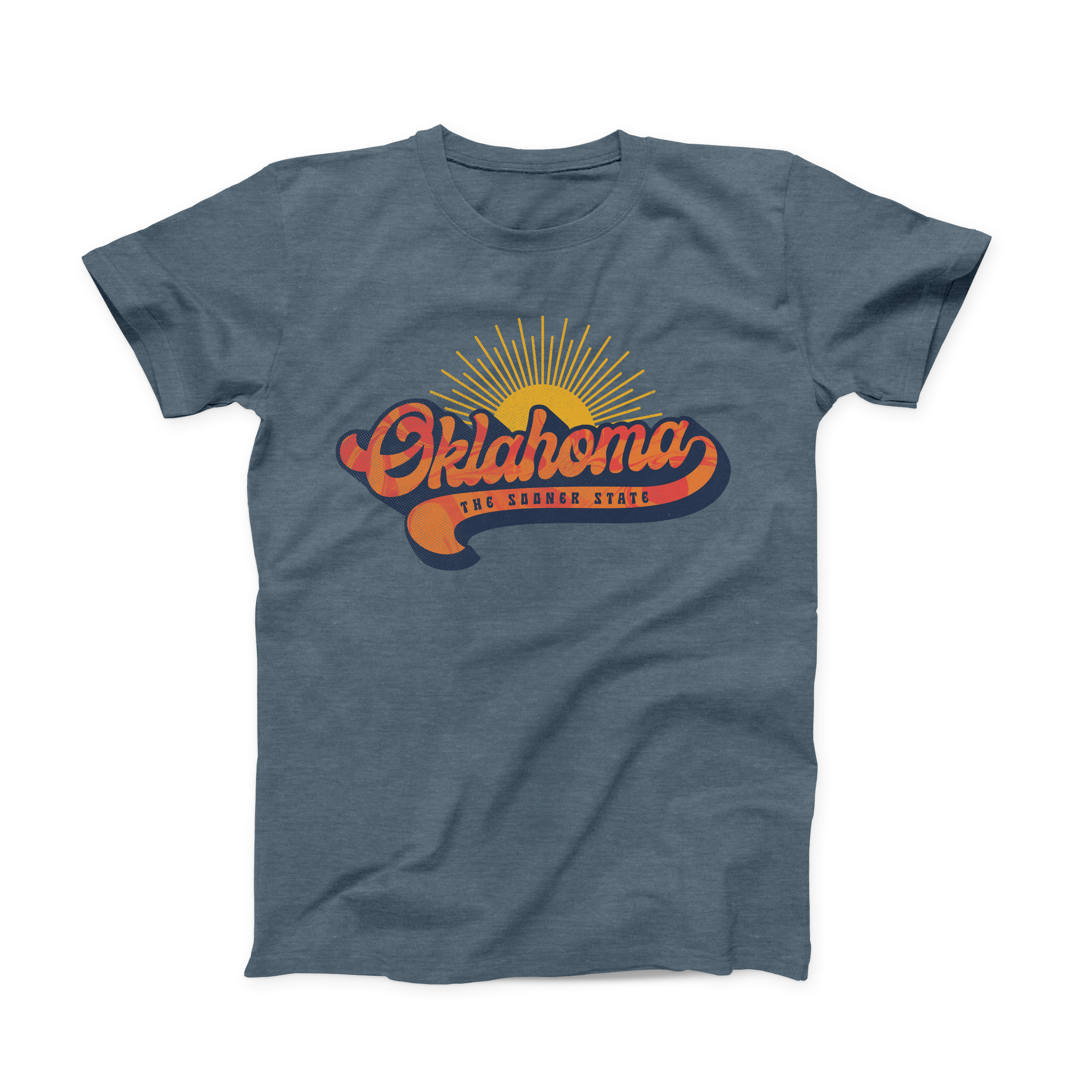 Front of heather slate t-shirt with retro orange and yellow Oklahoma sunrise design. June 2021 Oklahoma Shirt of the Month.