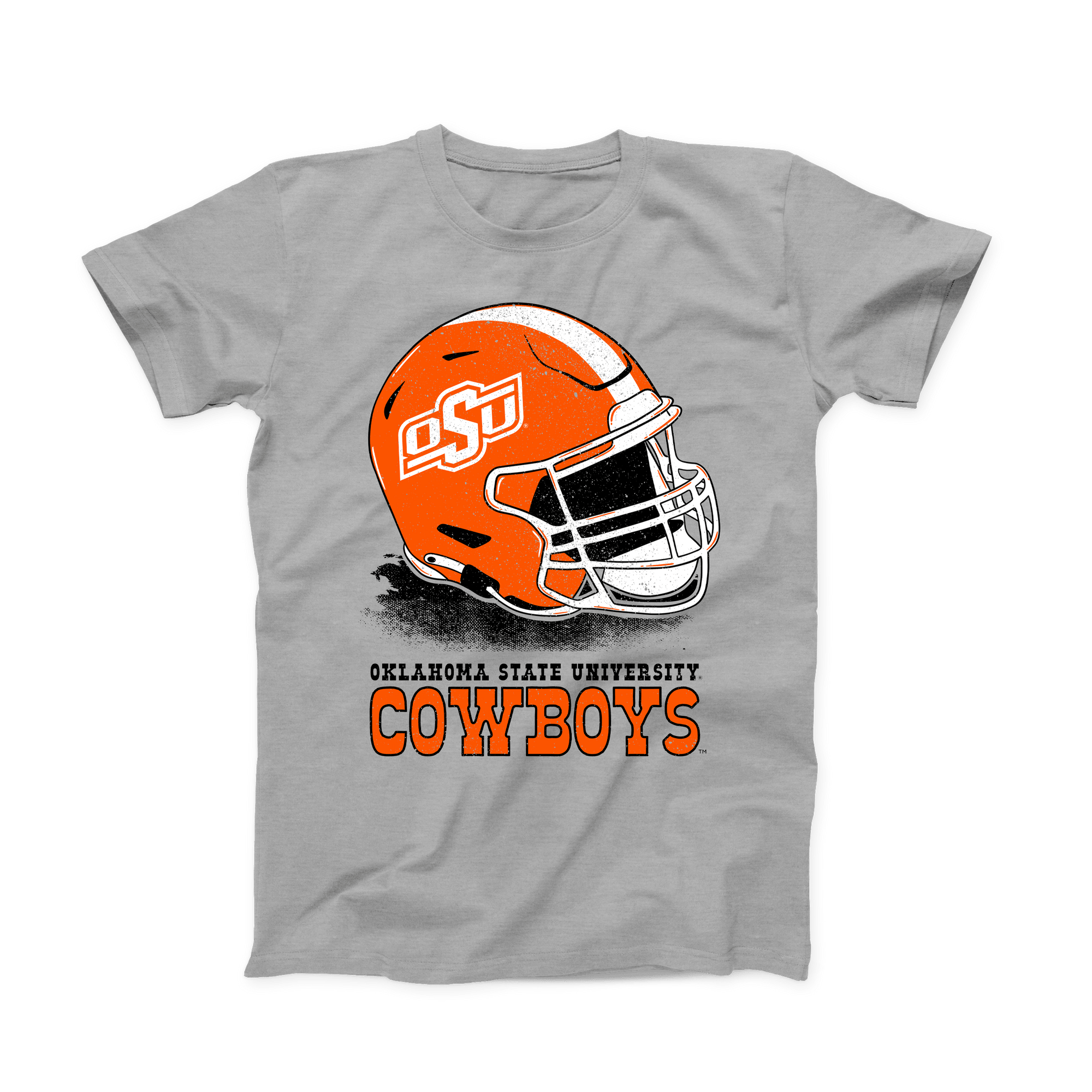 Front of Cowboy Football t-shirt with orange OSU football helmet graphic and Cowboys lettering on a heather gray tee.
