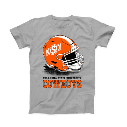 Front of Cowboy Football t-shirt with orange OSU football helmet graphic and Cowboys lettering on a heather gray tee.