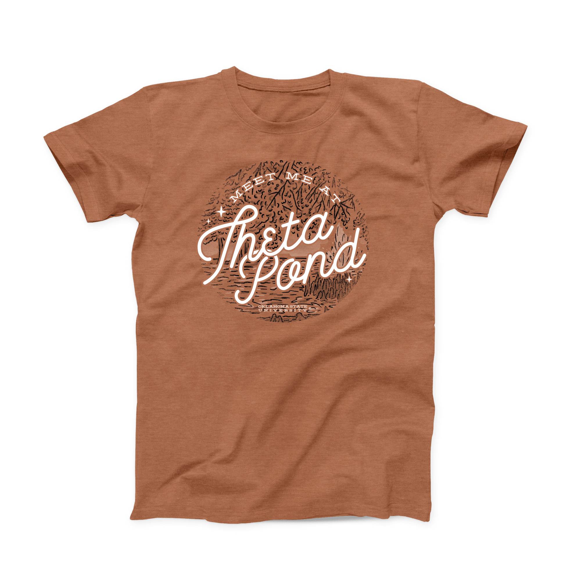 Front of heather autumn t-shirt with white “Theta Pond” script and campus pond design. February 2021 OSU Shirt of the Month.