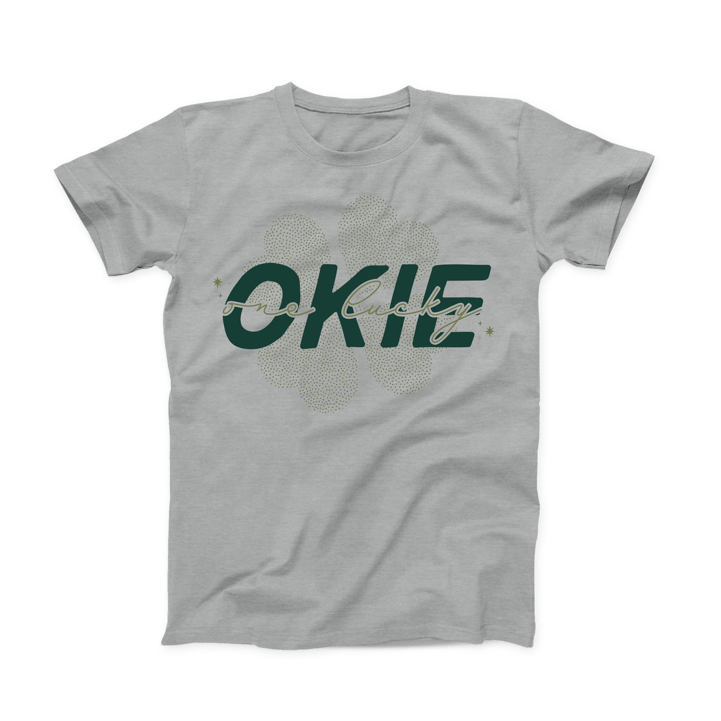 Athletic Heather grey colored Oklahoma T-shirt. Made from tiny olive green dots in the background is a 4 leaf clover. In front of that is "OKIE" in large, bold dark green font. And, scrawled in script in front of that is "one lucky" in olive green.