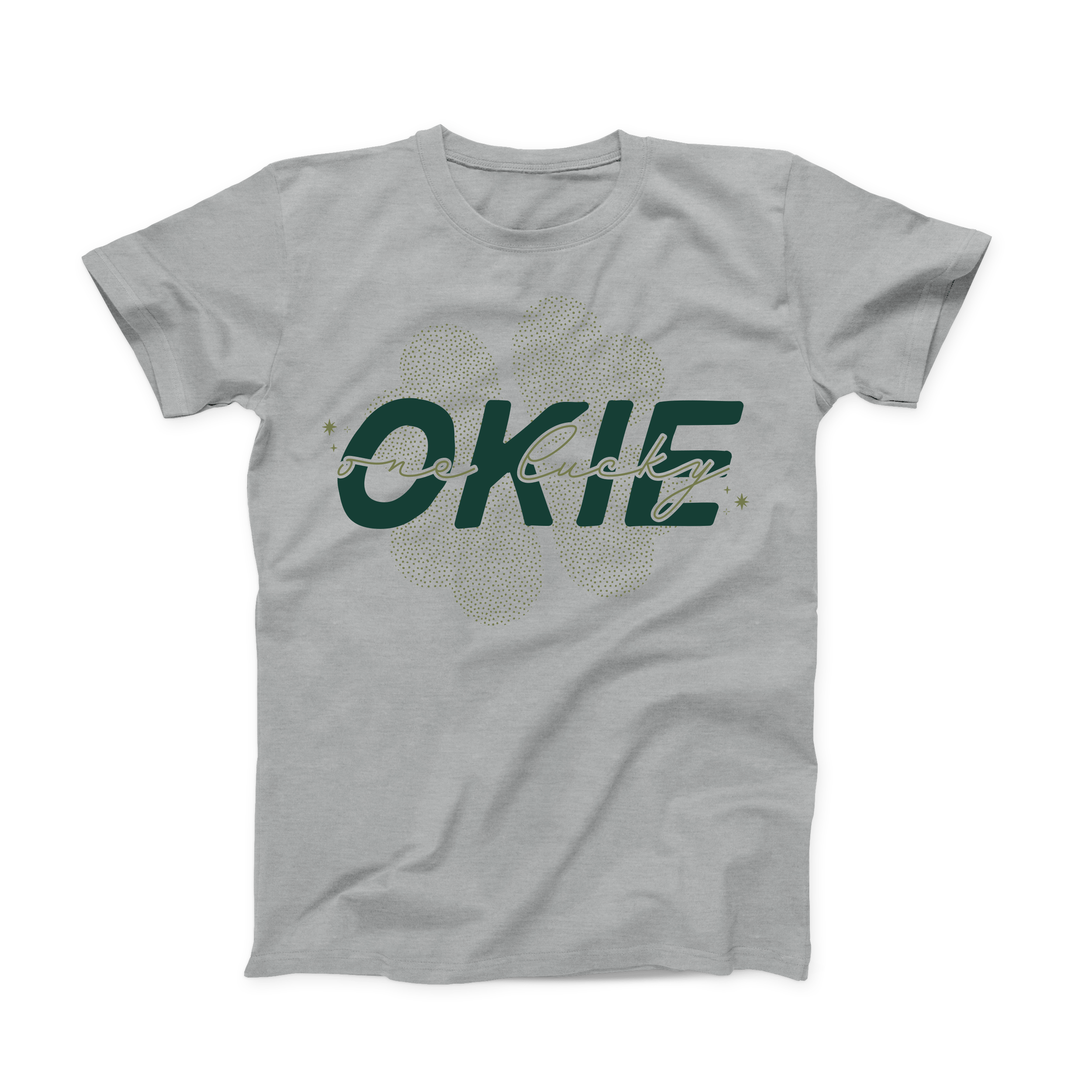 Front of heather gray t-shirt with “One Lucky Okie” and clover design. March 2021 Oklahoma Shirt of the Month.