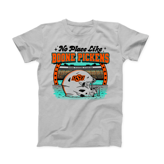 Silver Grey OSU Football T-shirt. "No Place Like" in Black font at the top. "Boone Pickens" in bold orange font below that. Stadium and OSU Football helmet under the words. Whole design in teal, orange and black.