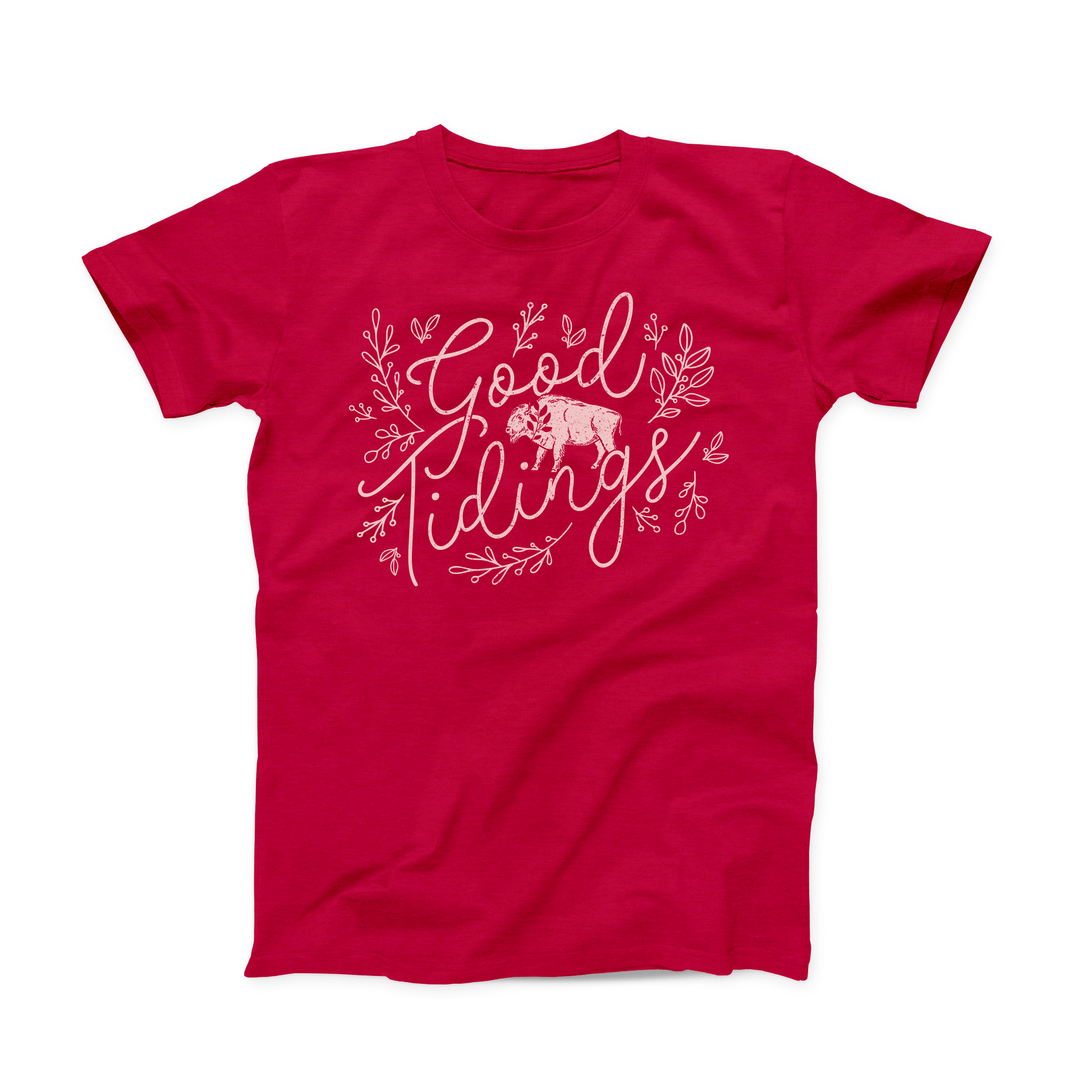 Heather Red colored Oklahoma T-shirt. Design is done in a soft white print and shows "Good Tidings" in a thin, script font. Between the words is a buffalo, and around the words are decorative leaf prints. 