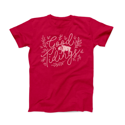 Heather Red colored Oklahoma T-shirt. Design is done in a soft white print and shows "Good Tidings" in a thin, script font. Between the words is a buffalo, and around the words are decorative leaf prints. 