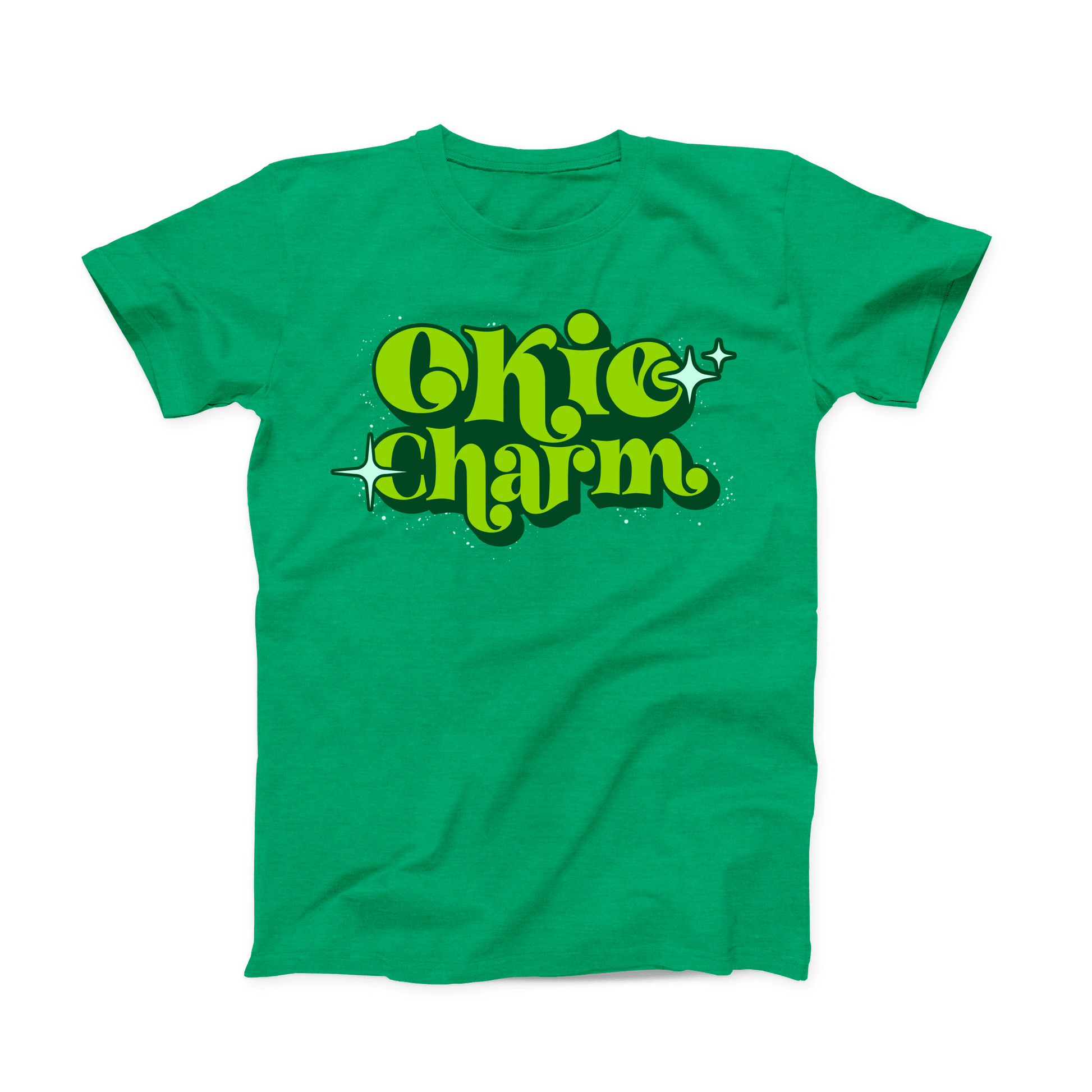 Kelly Green colored Oklahoma T-shirt. Stacked "Okie Charm" in the middle of the shirt in lime and dark green, with white stars around it.