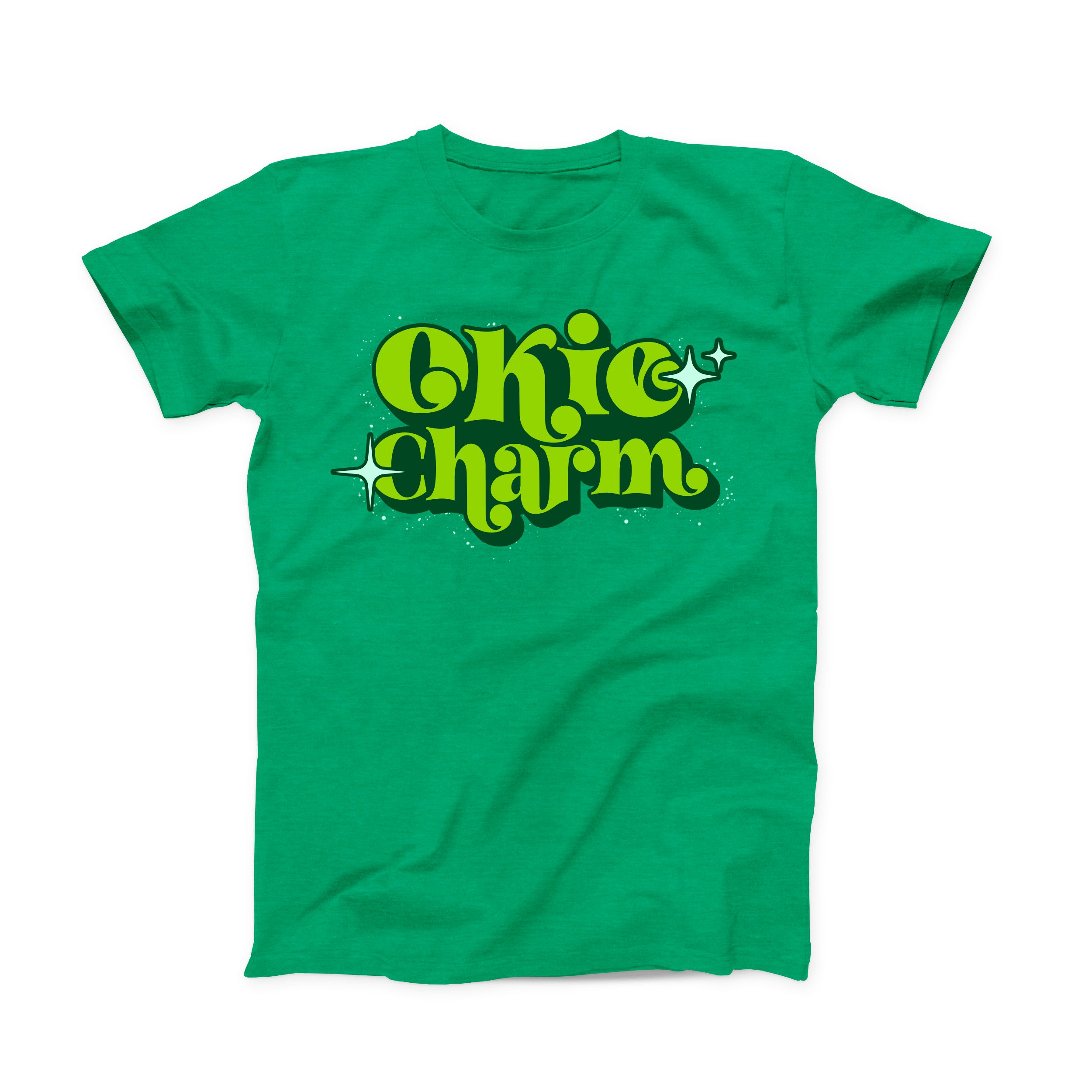 Kelly Green colored Oklahoma T-shirt. Stacked "Okie Charm" in the middle of the shirt in lime and dark green, with white stars around it.