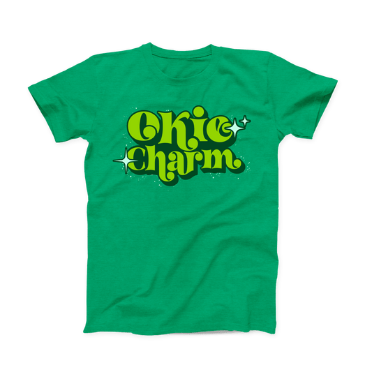 Kelly Green colored Oklahoma T-shirt. Stacked "Okie Charm" in the middle of the shirt in lime and dark green, with white stars around it.