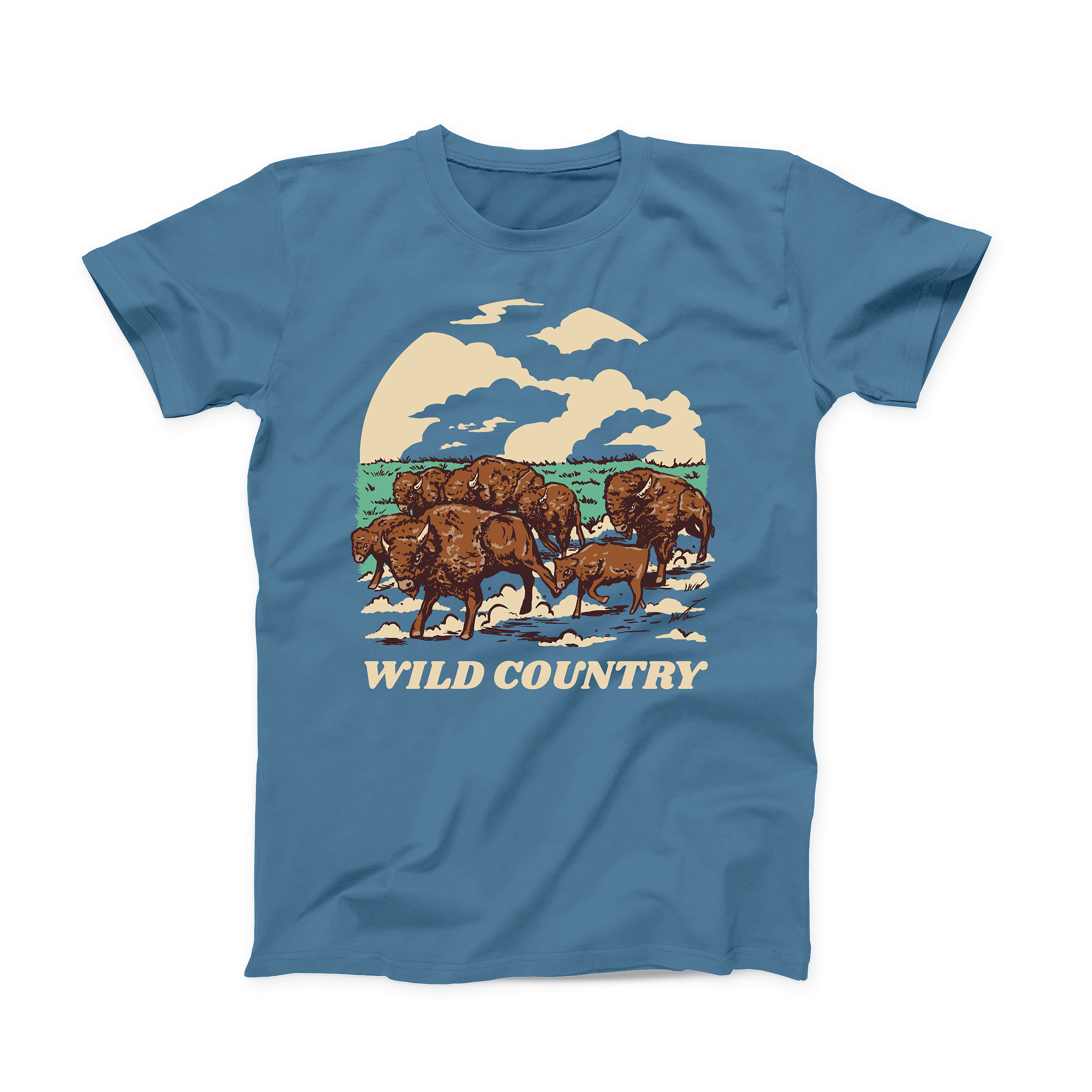 Front of slate blue shirt with a design of bison running through a field and the words "Wild Country" underneath.