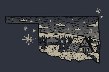 The design is done in white and black and shows a snowy cabin scene inside of the shape of the state.