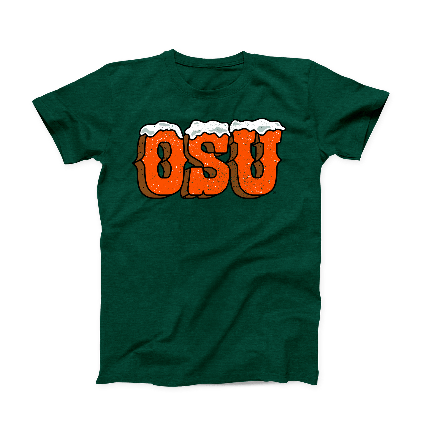Forest Green T-shirt with a snow covered orange "OSU" across the front.