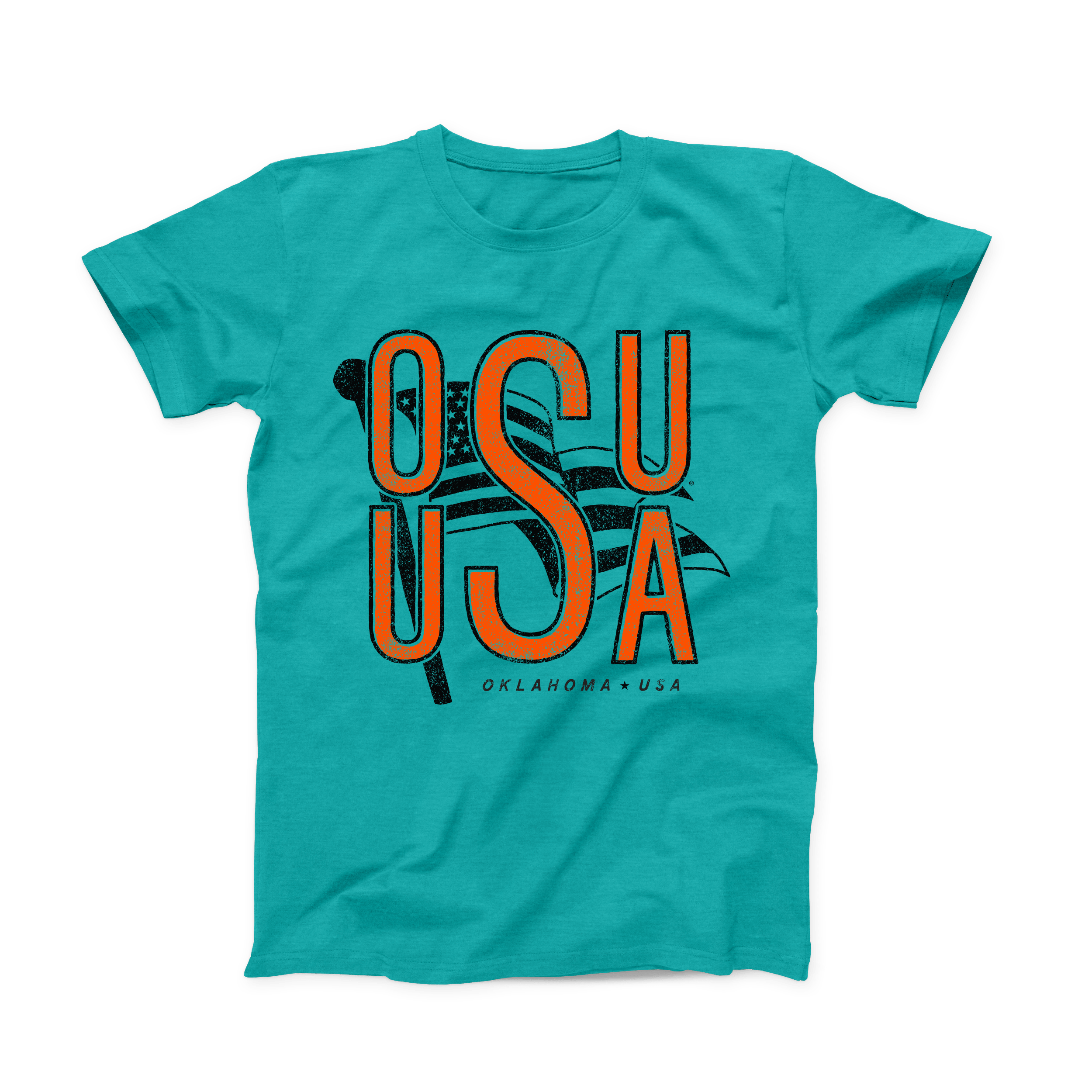 Front of teal t-shirt with OSU and USA lettering over an American flag. July 2021 Oklahoma State Shirt of the Month.