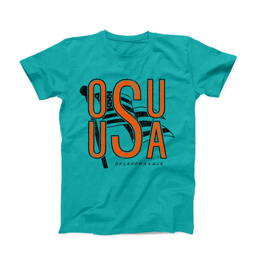 Teal OSU T-shirt. Orange font OSU stacked atop USA, sharing the S. Black American Flag in the background, and small "Oklahoma (star) USA" at the bottom.