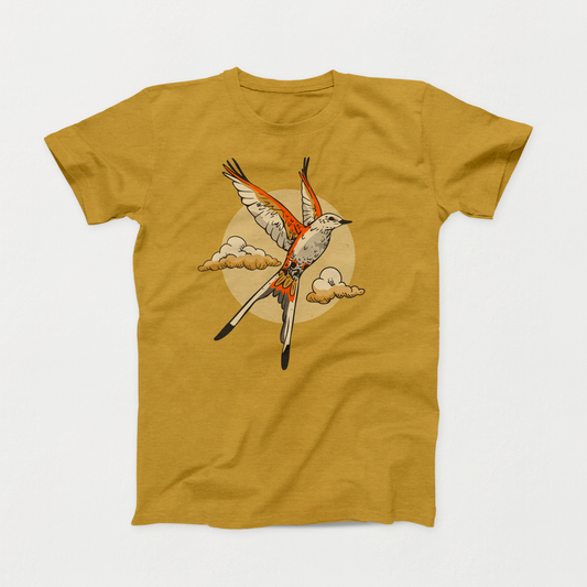 Mustard colored Oklahoma t-shirt. Design is of the state bird, a Scissortail Flycatcher, in flight. There are clouds and the sun behind the bird. Screen printed in orange, cream, black and gold.