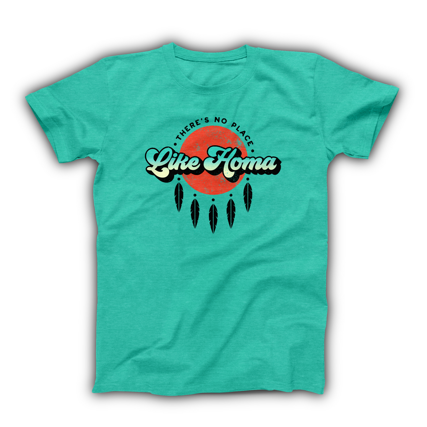 Heather Sea Green colored Oklahoma T-shirt. Screen printed in white, black and red across the chest. The background of the design is a distressed red sun with 5 black feathers hanging from the bottom like a dream catcher. At the top of the design in a half circle around the sun is "There's No Place" in small black font. And across the middle of the design in large white/teal gradient is "Like Homa"