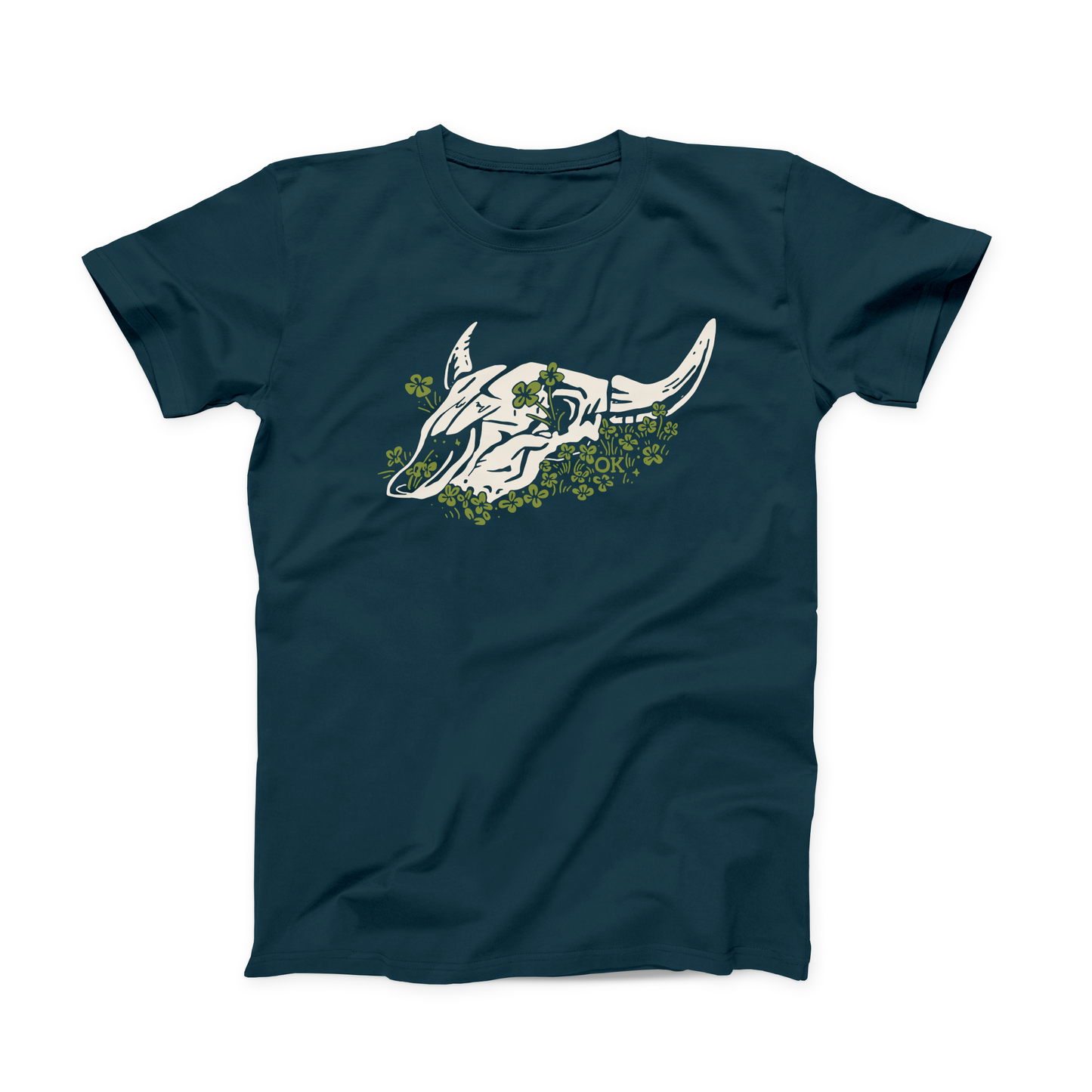 Deep Teal colored Oklahoma T-shirt. Screen printed across the chest is a white steer skull in a bed of green clover. Hidden in the clover is a small "OK" in the same green color. 