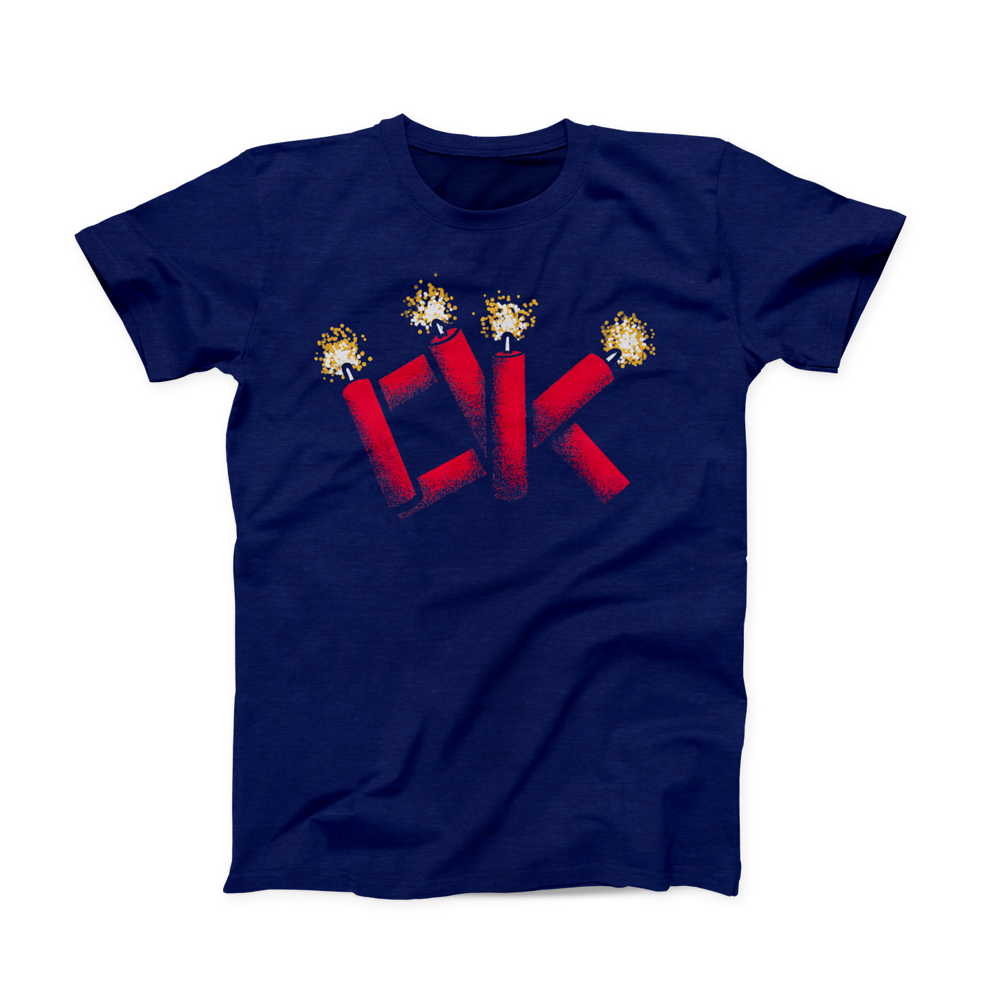 Navy colored Oklahoma T-shirt. Screen printed across the chest is "OK" made out of red firecrackers, the tops of which are lit in a yellow and white spark.