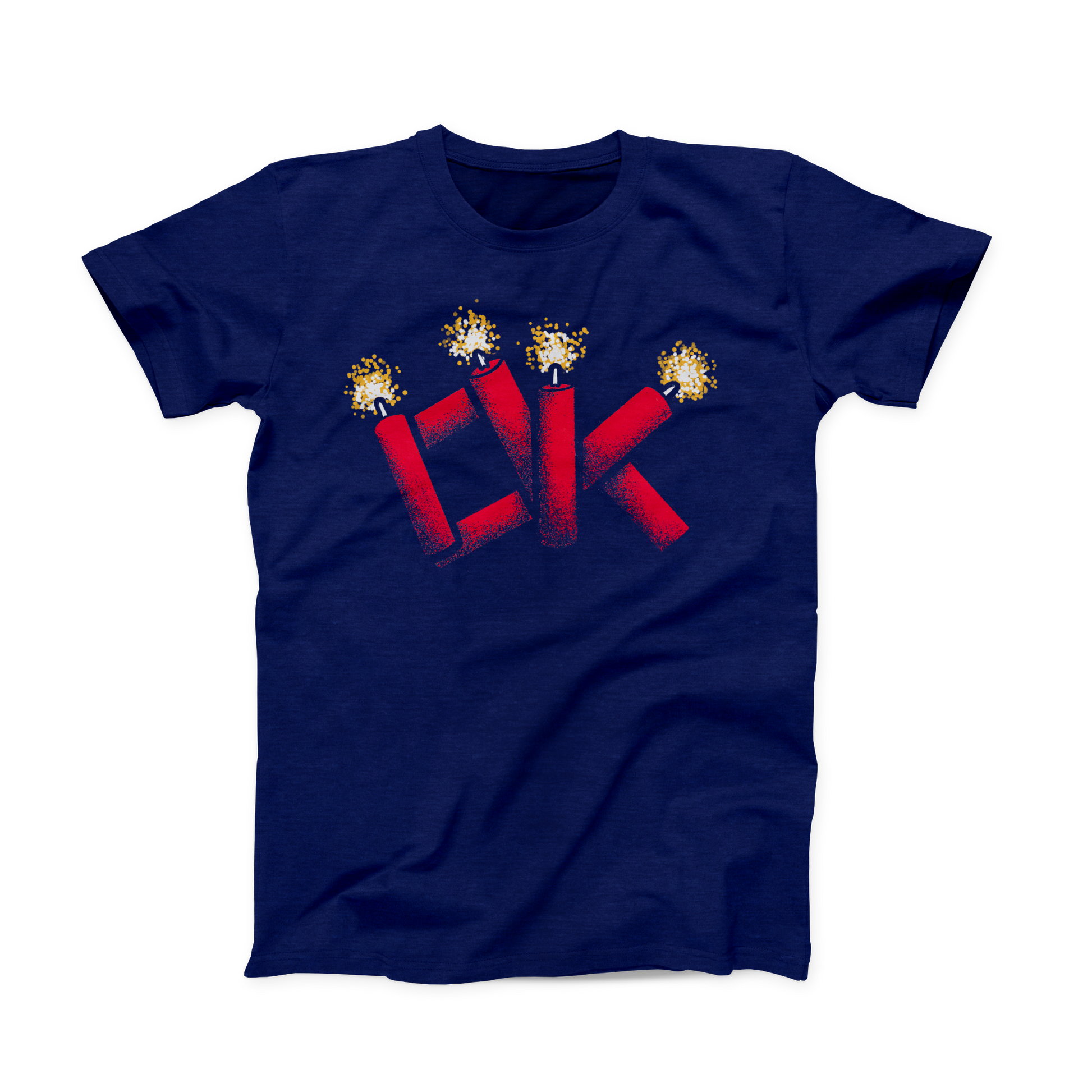 Navy colored Oklahoma T-shirt. Screen printed across the chest is "OK" made out of red firecrackers, the tops of which are lit in a yellow and white spark.
