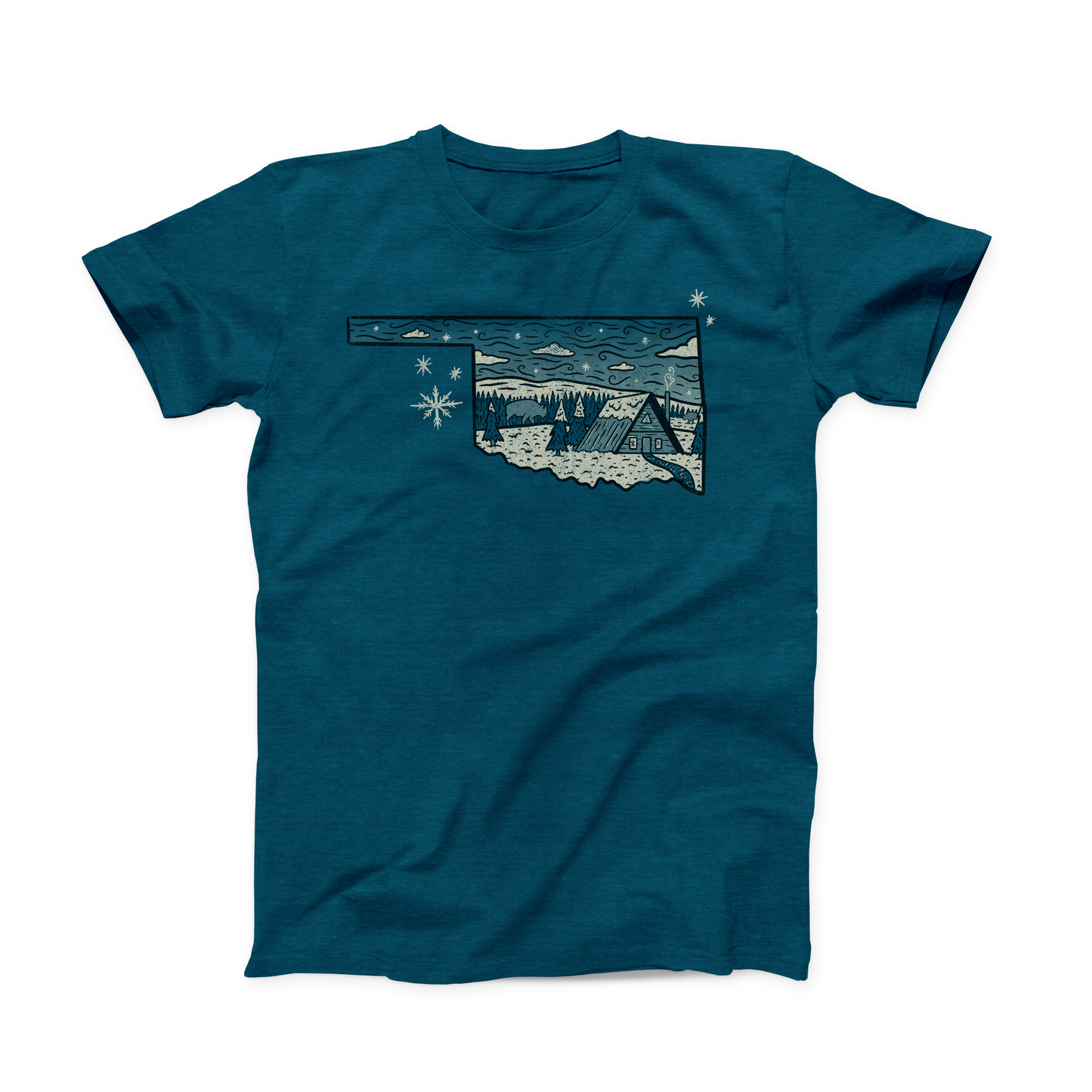 Deep Teal colored Oklahoma T-shirt. The design is done in white and black and shows a snowy cabin scene inside of the shape of the state. 