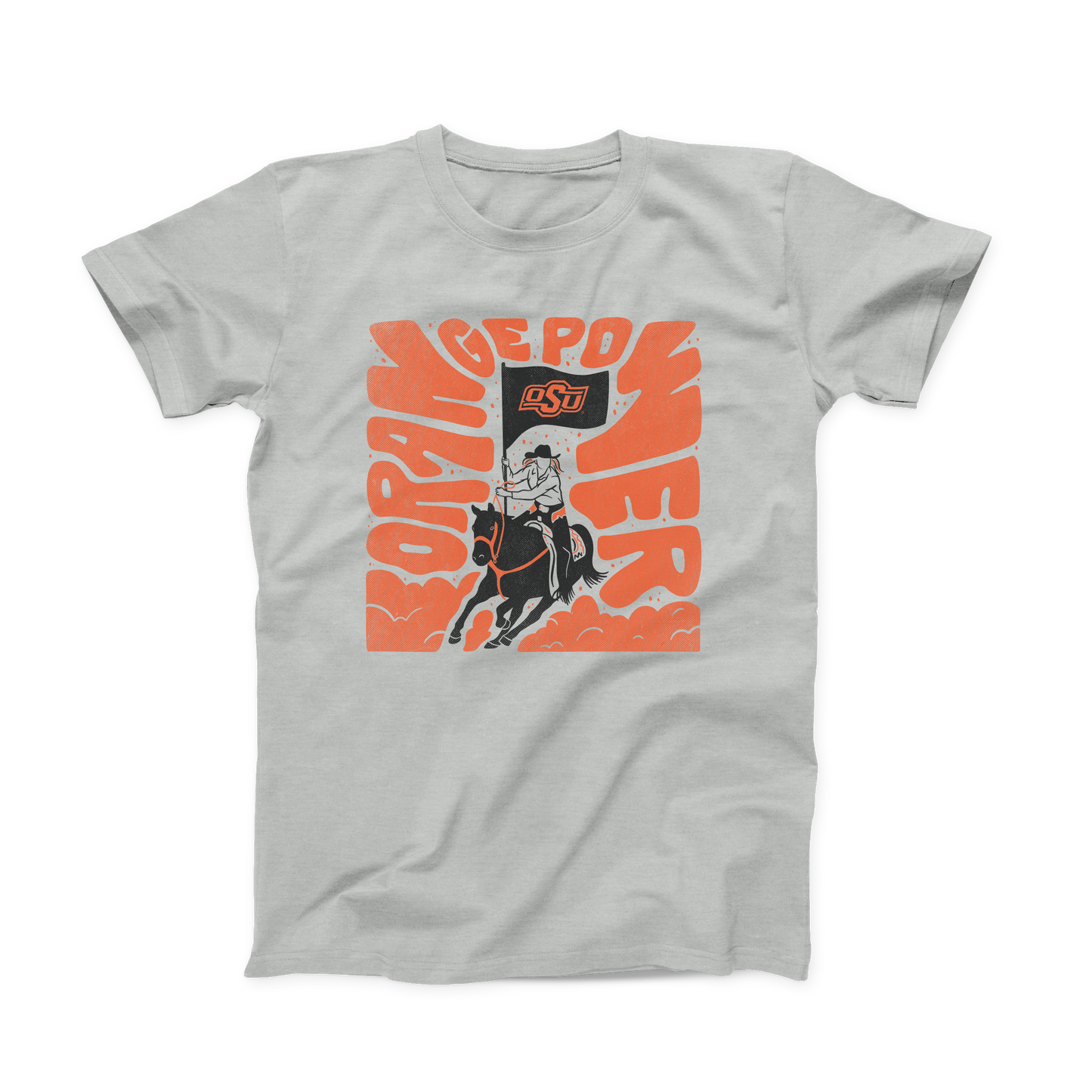 Silver Grey OSU T-shirt. Square design in orange and black of a Cowboy on horseback holding an OSU flag. Large, orange font "Orange Power" fit into the edges of the design and wrapped around the center figure. Orange colored dust clouds at the bottom to complete the square.