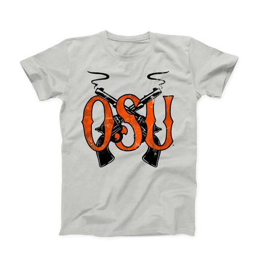 Ash grey OSU t-shirt. The Design is of large, orange font  "OSU" in the front, and black, smoking pistols crossing in an "X" in the background. Whole design is done in a distressed, vintage style.