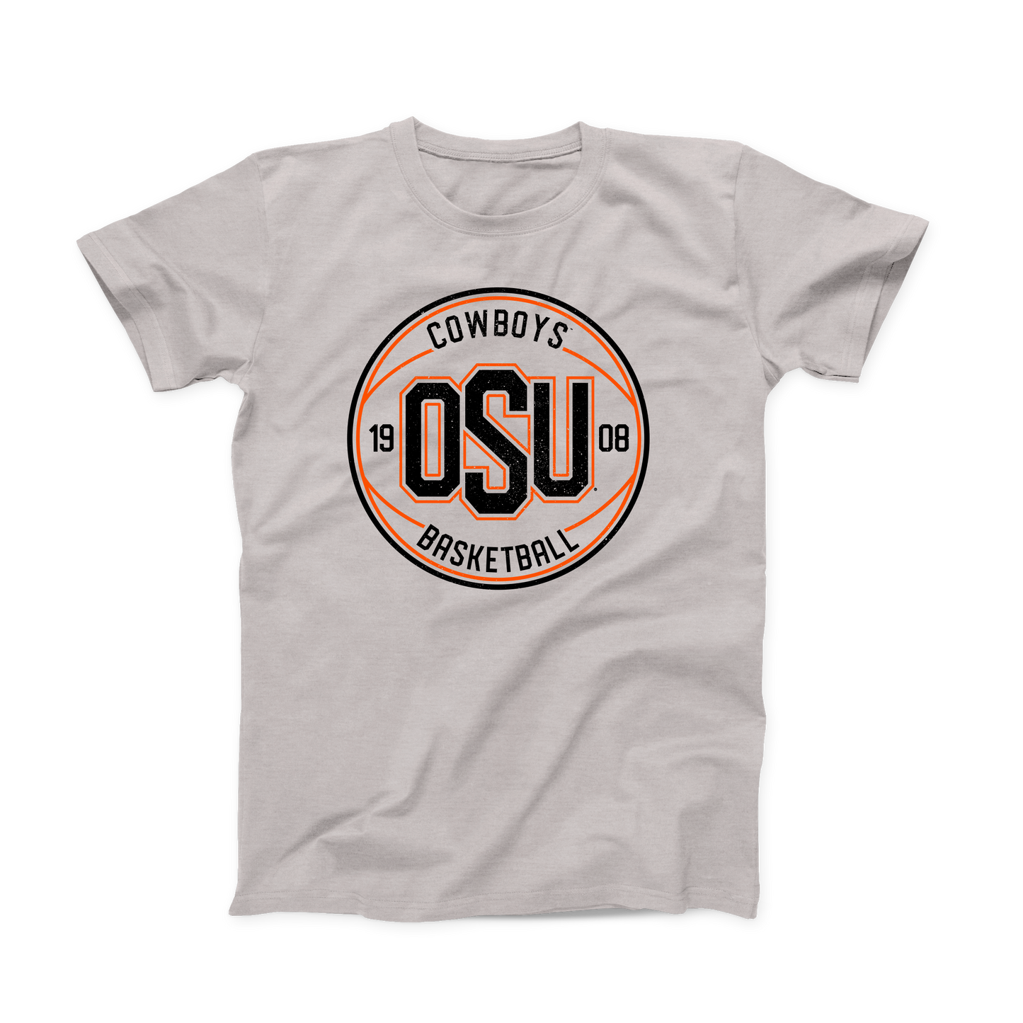 Heather Cool Grey OSU Basketball T-shirt. Orange and black design of a Basketball across the front of the shirt. "COWBOYS 19(OSU)08 BASKETBALL" situated within the basketball design, with "OSU" being the biggest, boldest part of the design at the center, and the rest of the words smaller around it.