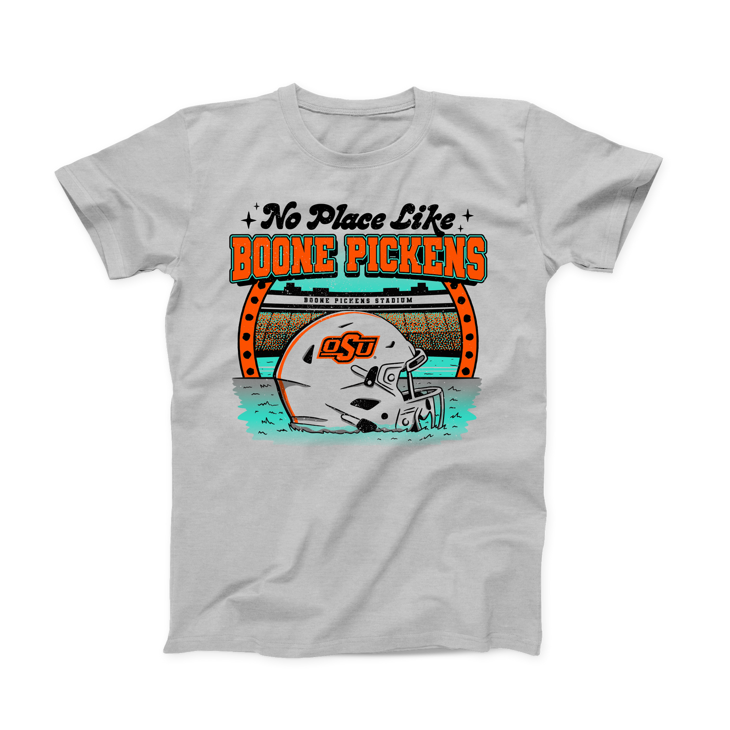 Silver Grey OSU Football T-shirt. "No Place Like" in Black font at the top. "Boone Pickens" in bold orange font below that. Stadium and OSU Football helmet under the words. Whole design in teal, orange and black.