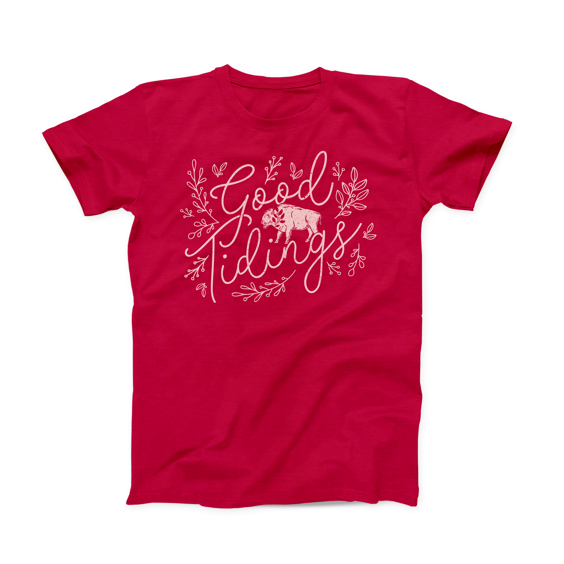 Heather Red colored Oklahoma T-shirt. Design is done in a soft white print and shows "Good Tidings" in a thin, script font. Between the words is a buffalo, and around the words are decorative leaf prints. 