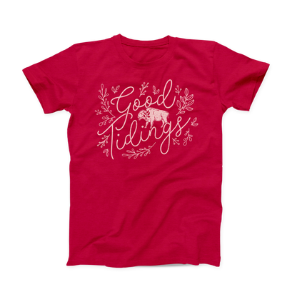 Heather Red colored Oklahoma T-shirt. Design is done in a soft white print and shows "Good Tidings" in a thin, script font. Between the words is a buffalo, and around the words are decorative leaf prints. 