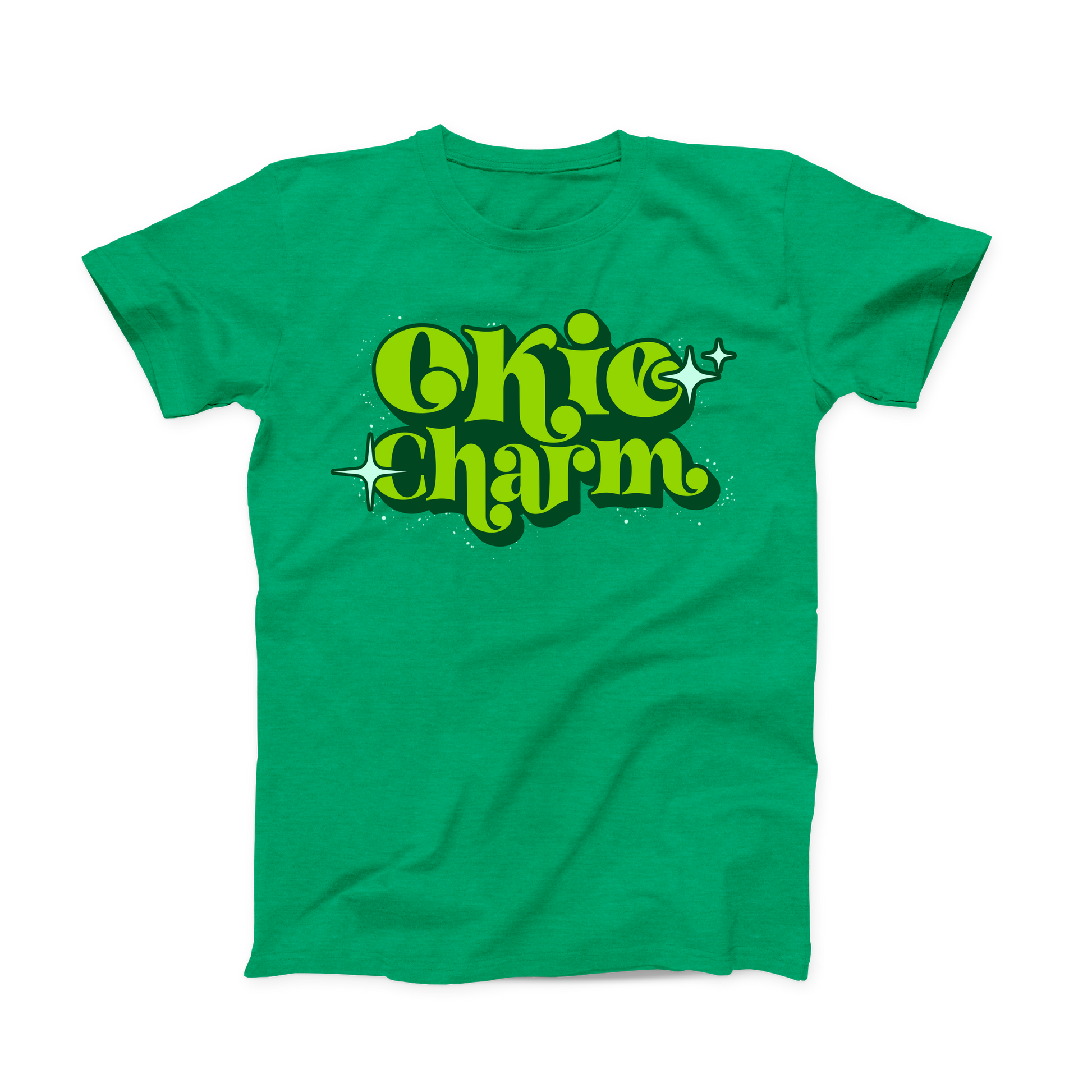 Kelly Green colored Oklahoma T-shirt. Stacked "Okie Charm" in the middle of the shirt in lime and dark green, with white stars around it.
