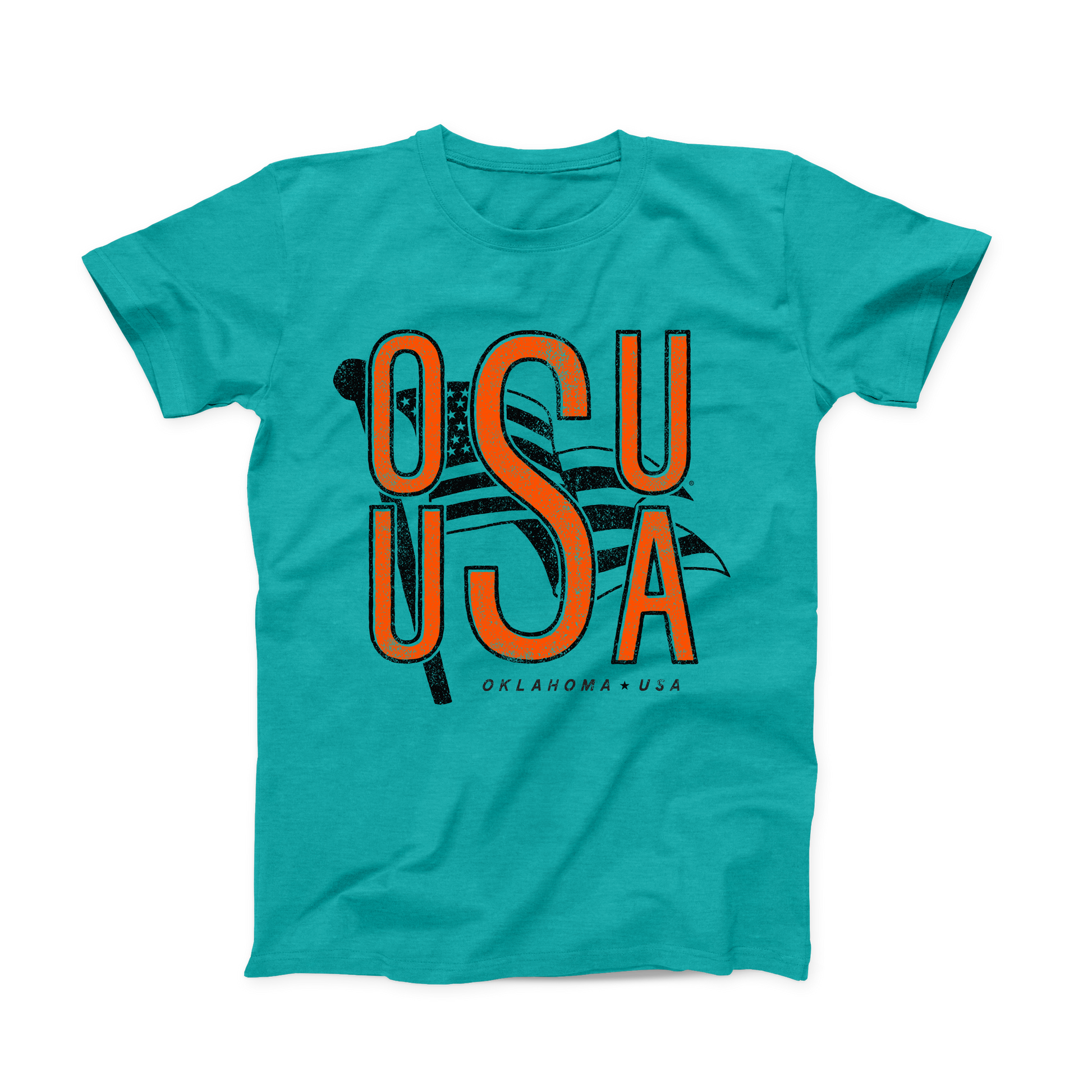 Teal OSU T-shirt. Orange font OSU stacked atop USA, sharing the S. Black American Flag in the background, and small "Oklahoma (star) USA" at the bottom.